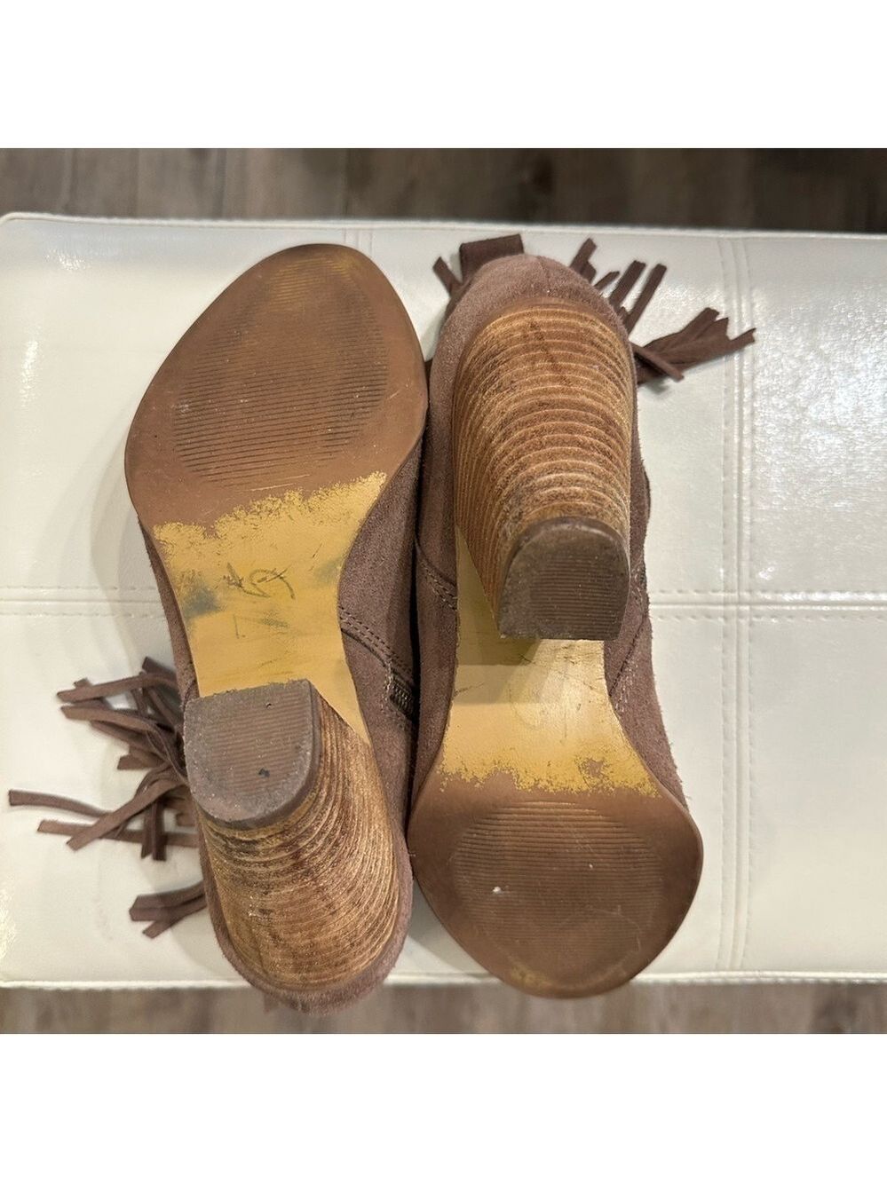 STEVE MADDEN Tan Fringed heeled ankle booties suede leather western size 7.5 - Picture 9 of 16
